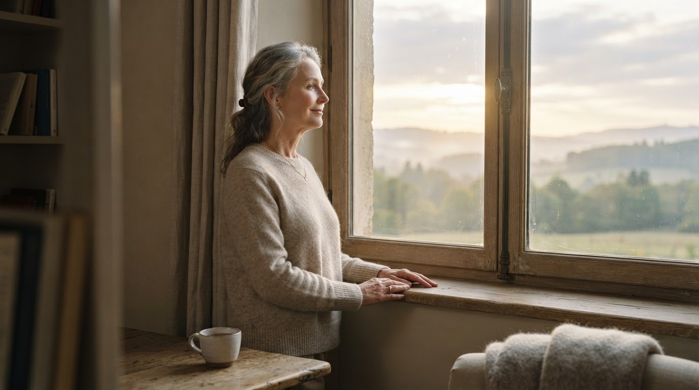 Frau schaut morgens hoffnungsvoll aus dem Fenster