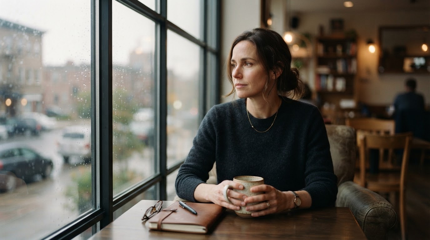 Frau am frühen Morgen am Fenster, nachdenklich, Kaffee in der Hand