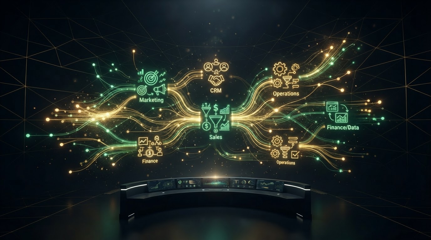 Business automation command center with interconnected AI systems