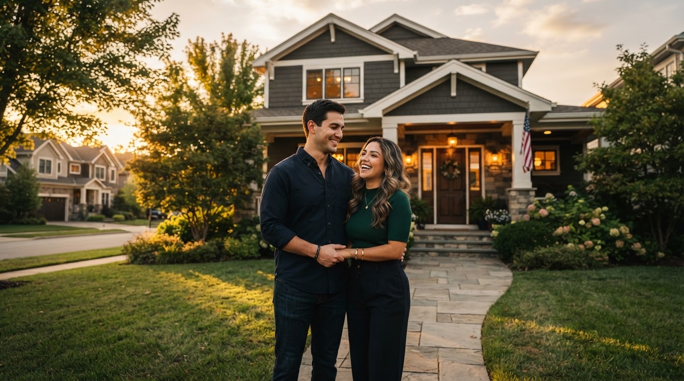Military veteran couple in front of their new home at golden hour
