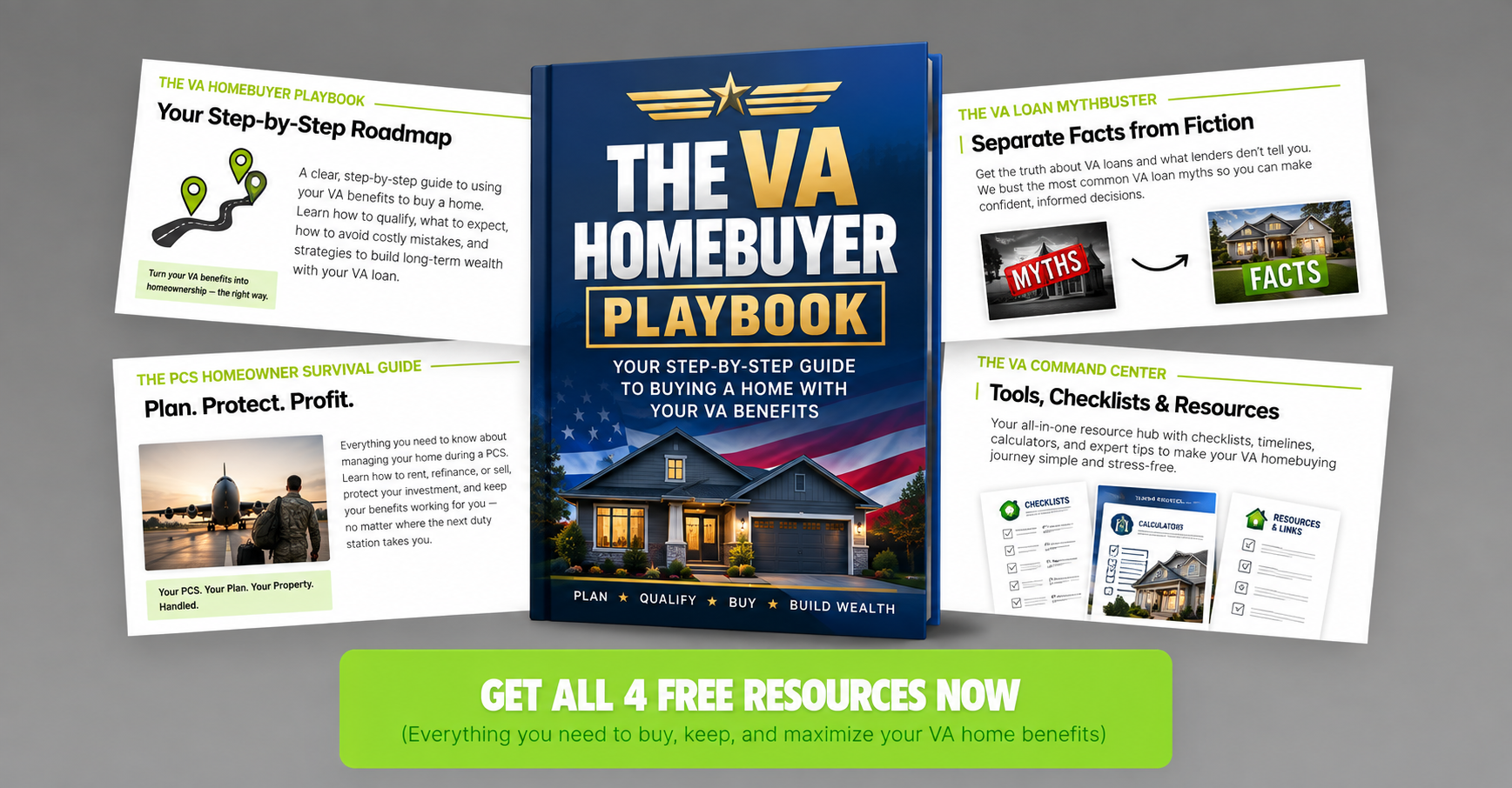 The VA Homebuyer Playbook bundle showing all four free resources: The VA Homebuyer Playbook, The VA Loan MythBuster, The PCS Homeowner Survival Guide, and The VA Command Center