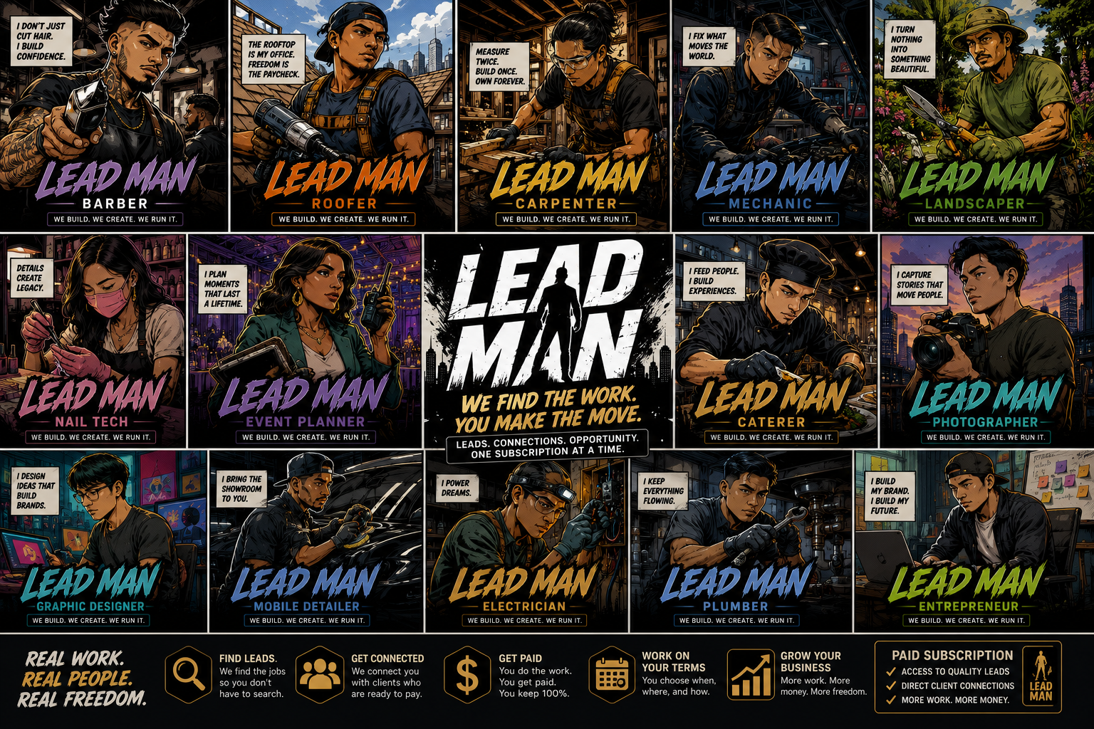 Lead Mann comic-style trades mosaic showcasing contractor and marketing services