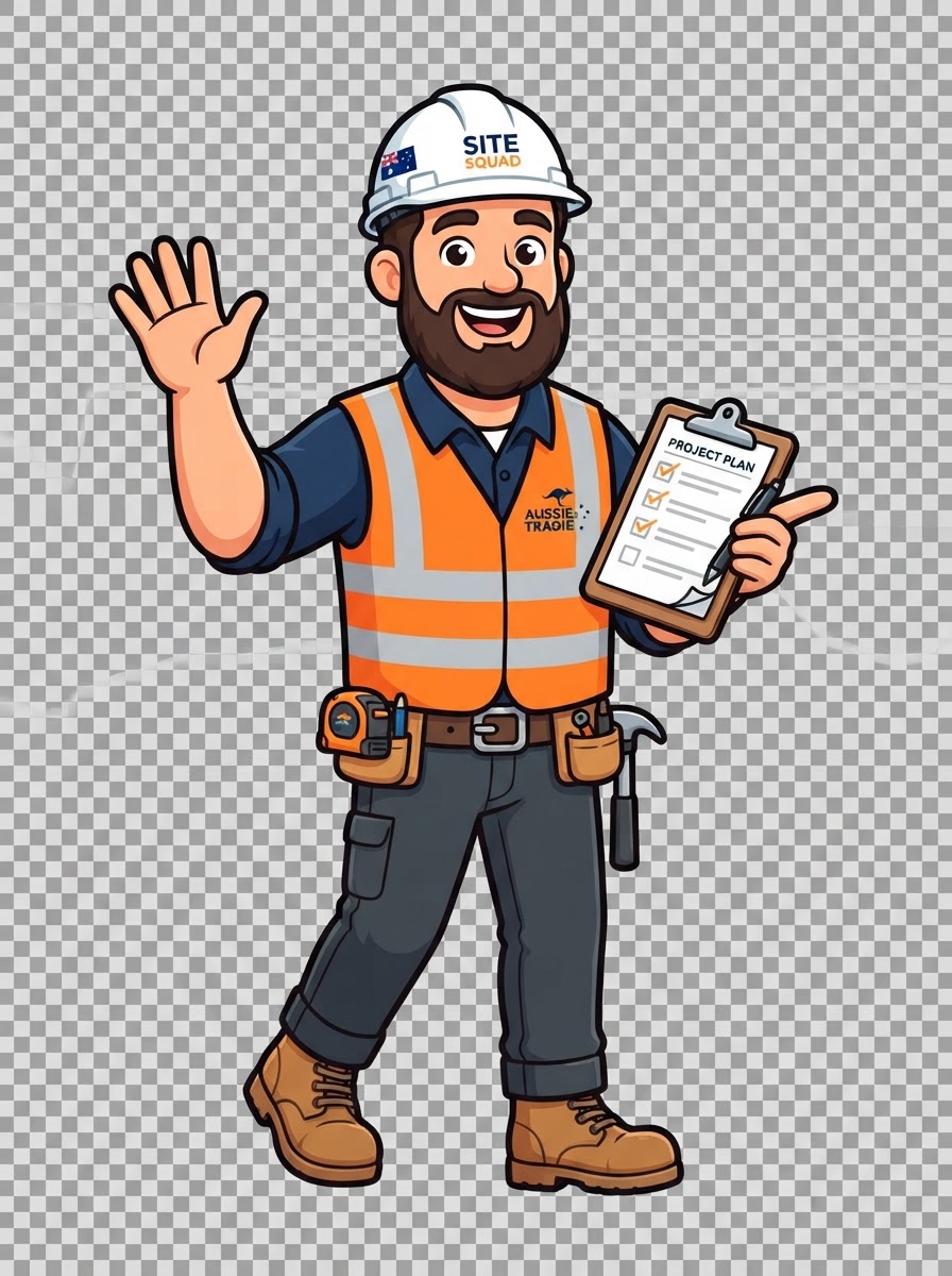 TradieUp mascot waving, ready to chat