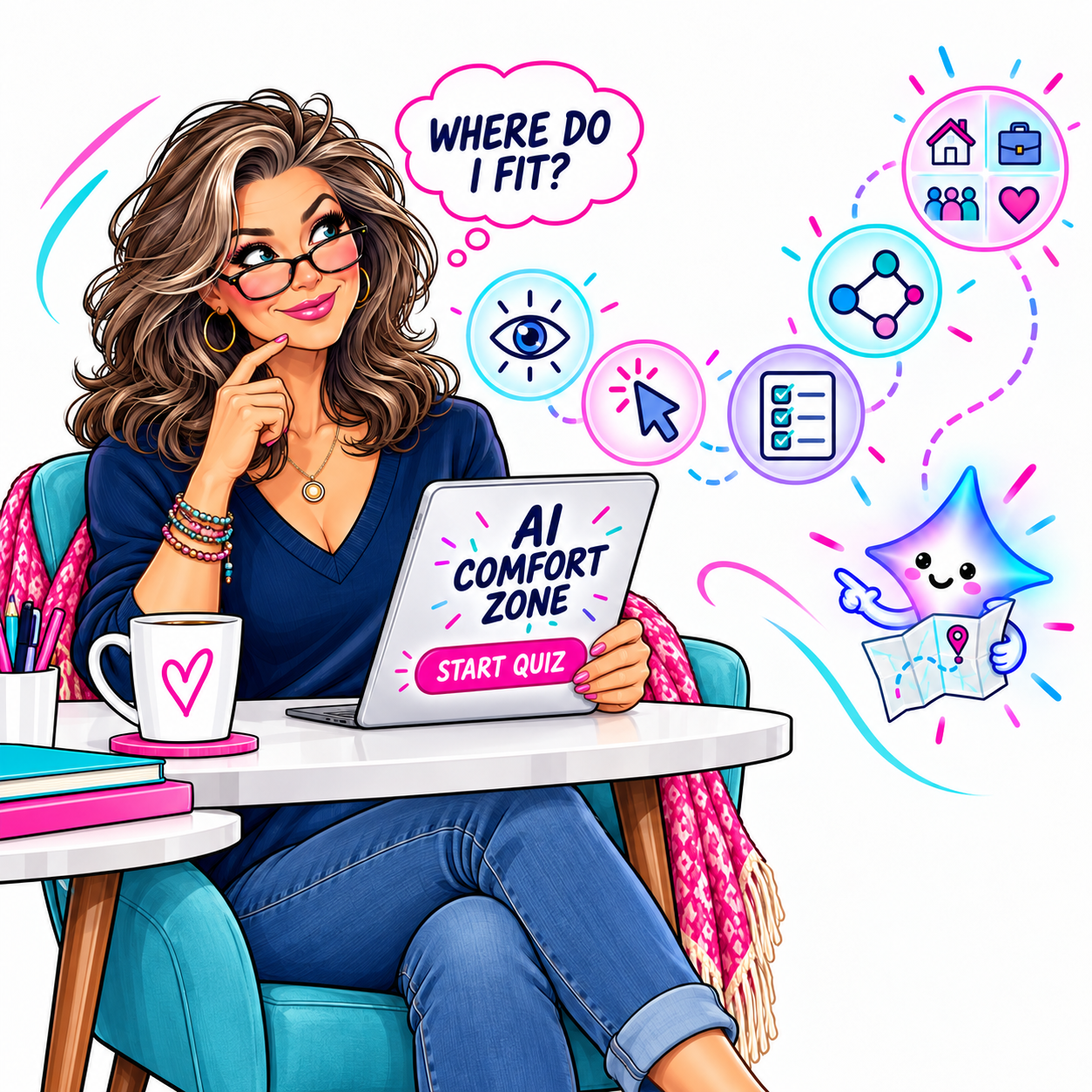 Friendly woman managing household, family, work, and elder care with an AI support system