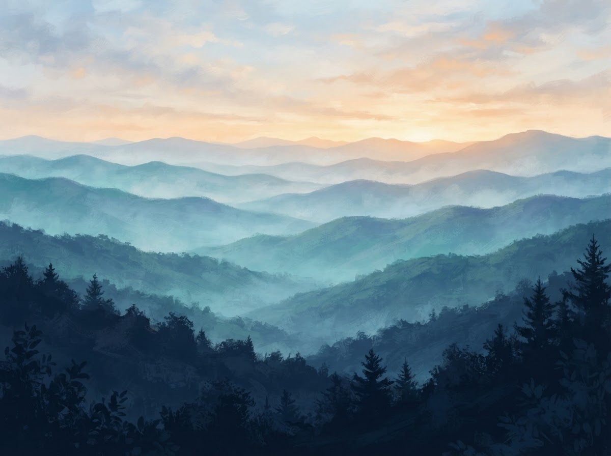 Misty blue Appalachian mountain ridges at dawn over West Virginia