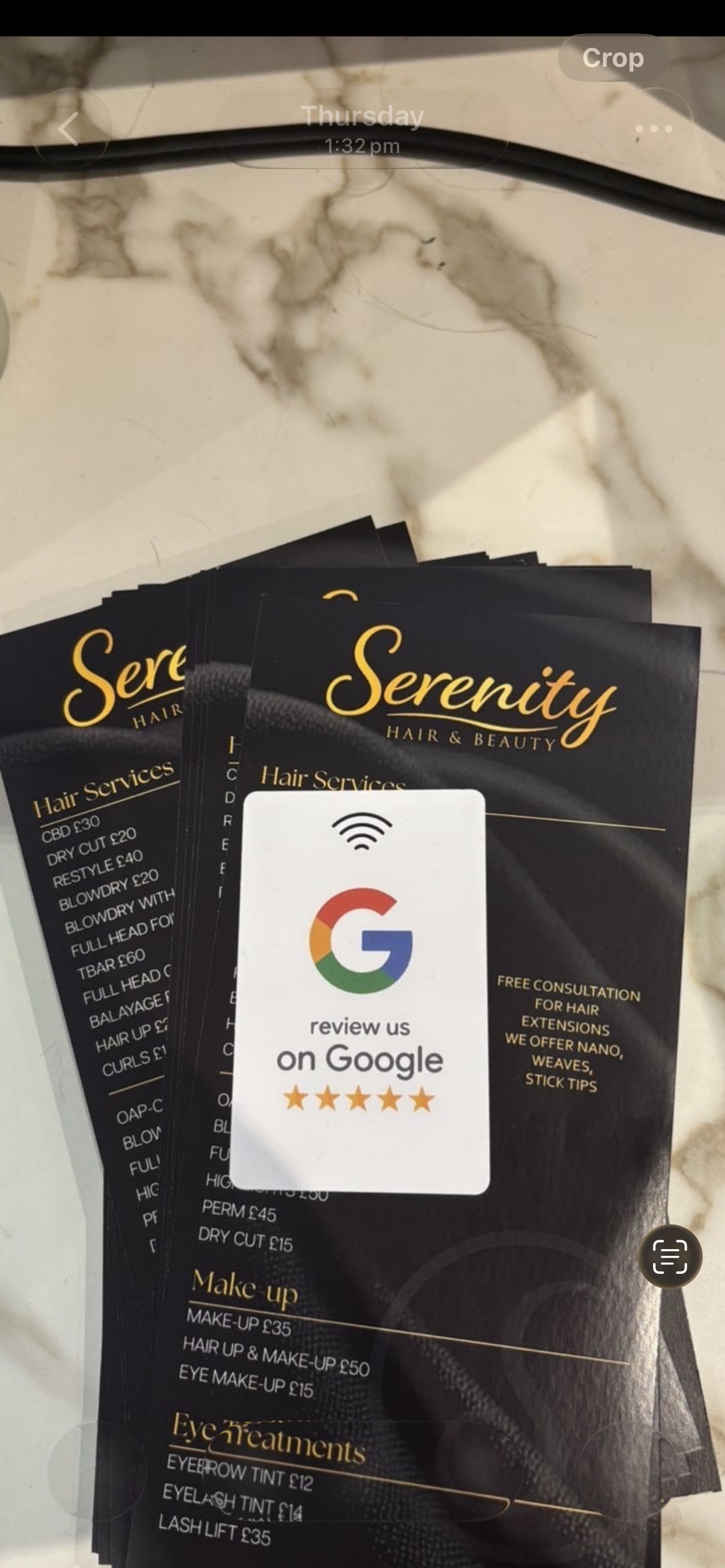 Serenity Hair & Beauty authentic printed black and gold price cards and Google review NFC cards