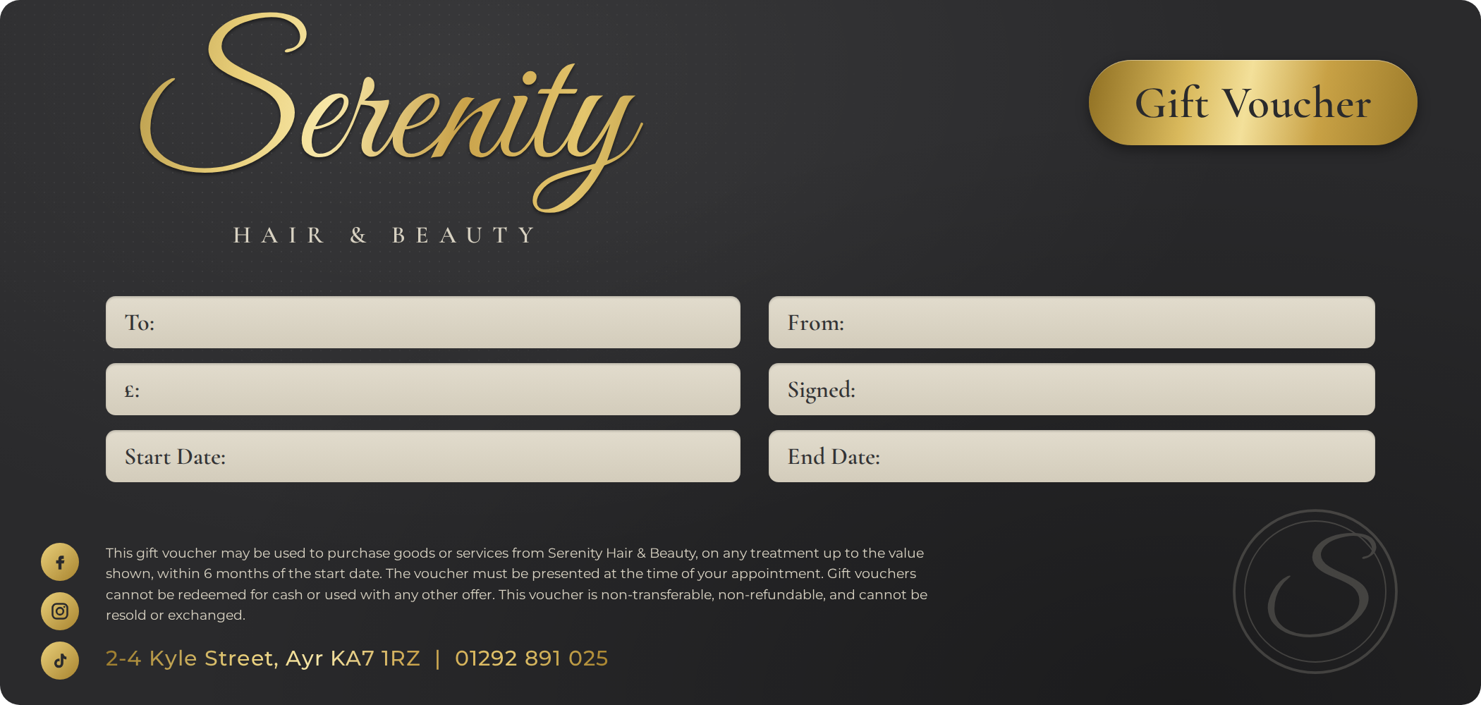 Official Serenity Hair & Beauty Gift Voucher Card