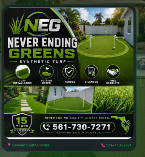 NEG - Never Ending Greens official ad featuring putting greens and synthetic turf