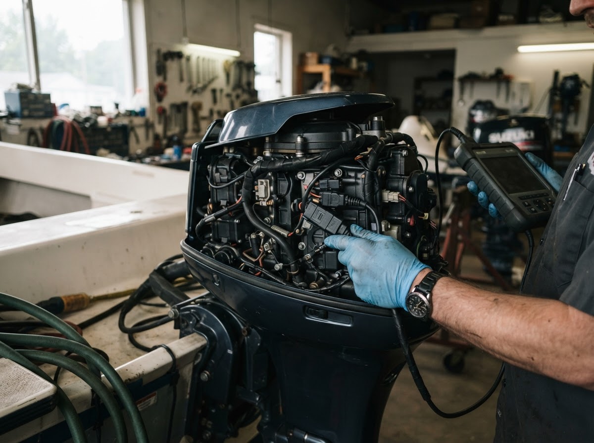 Conexión de un escáner de diagnóstico a un motor fuera de borda Suzuki en un taller náutico