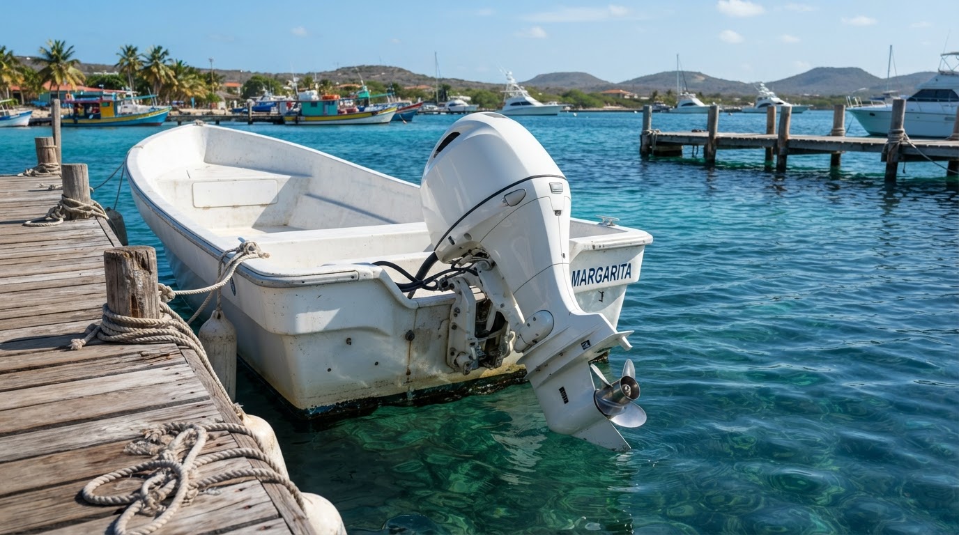 Motor fuera de borda montado en una embarcación en un muelle con mar tranquilo