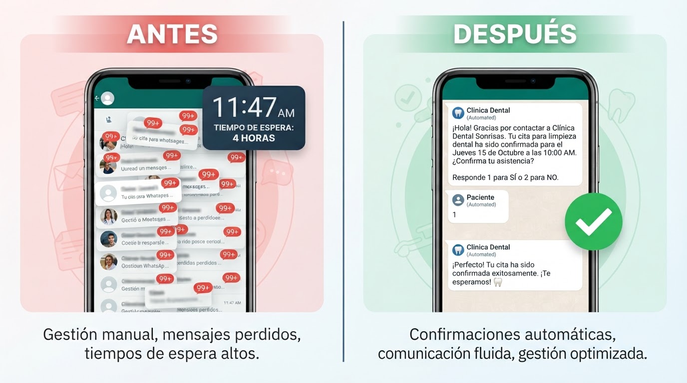 Antes y después: WhatsApp con 34 mensajes sin leer frente a respuesta automática en 87 segundos con cita confirmada