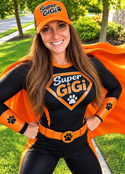 Super Gigi, professional pet sitter and dog walker in Bergen County NJ, smiling confidently in superhero cape on duty for full-service pet care