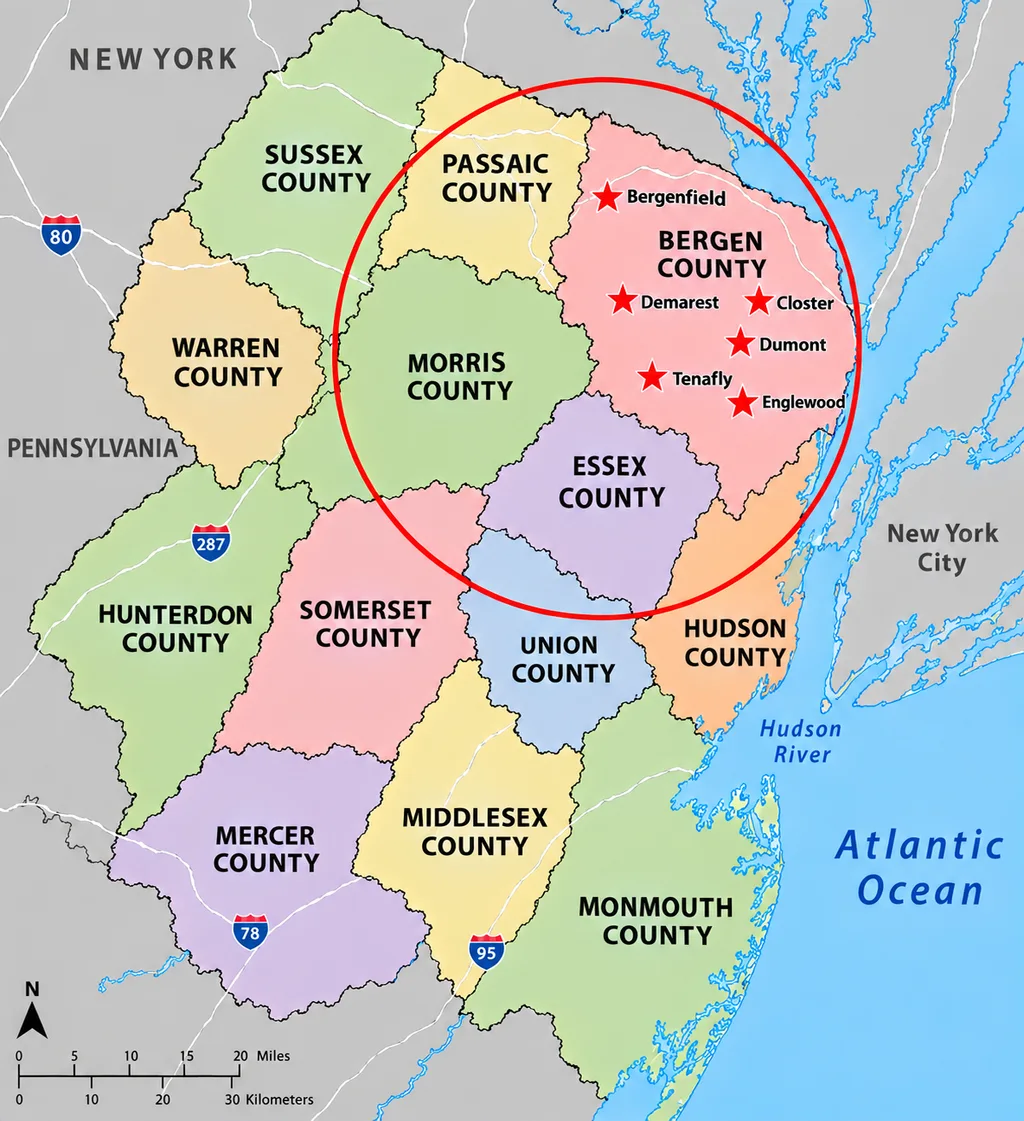 Service Area Map showing pet sitting and dog walking coverage across Bergen County and Northern New Jersey, with star markers for Englewood, Tenafly, Demarest, Closter, Dumont, and Bergenfield