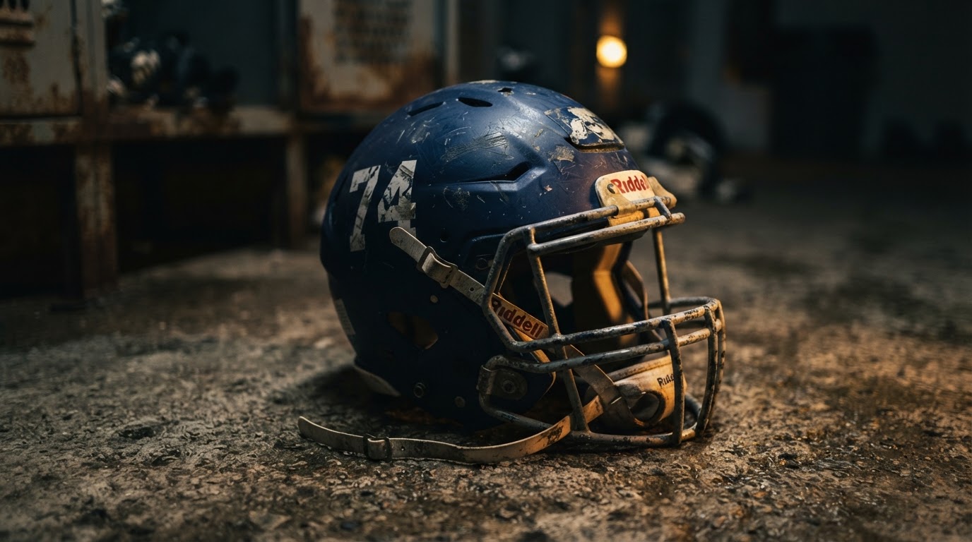 Worn football helmet — a reminder of the journey