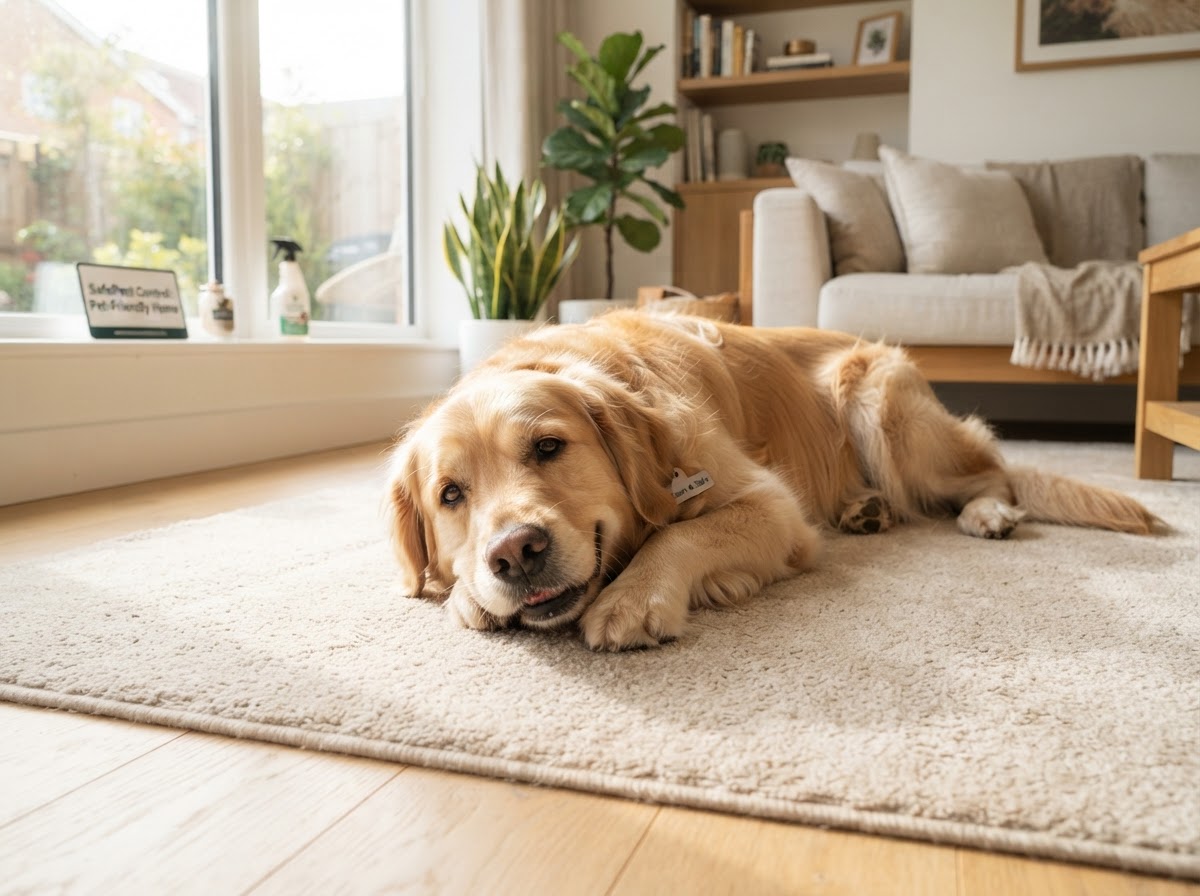 A happy dog resting on a freshly treated carpet in a clean, sunlit Redding, CA home, representing pet-safe flea control