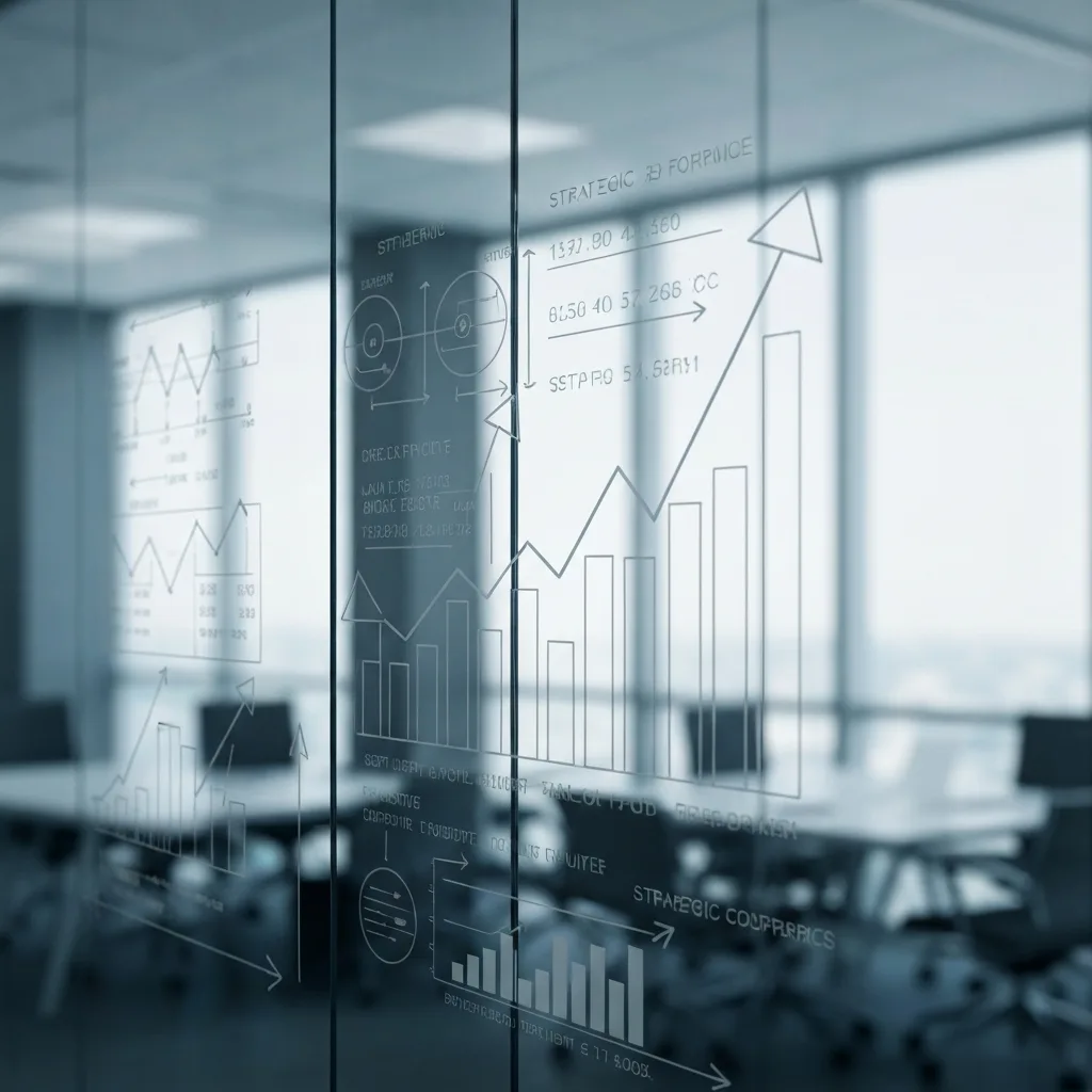 Glass wall with strategic financial diagrams and growth arrows