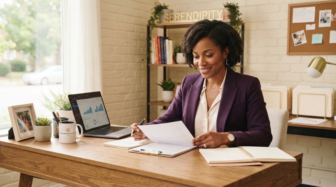 A confident entrepreneur reviewing documents at her desk, representing the people Royals Rapids serves.