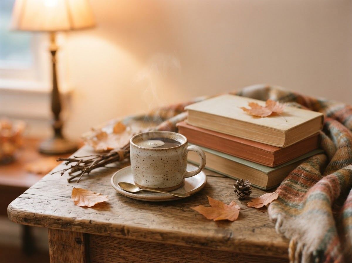 Cozy mug, books, blanket and autumn leaves