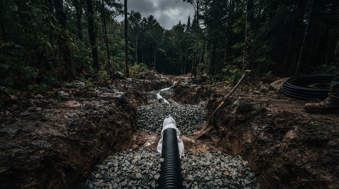 French drain trench with perforated pipe and crushed stone in Vermont soil