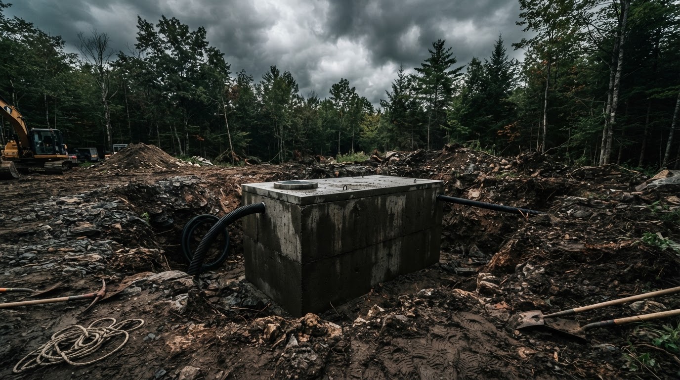 Concrete septic tank set in an open excavated hole in rural Vermont