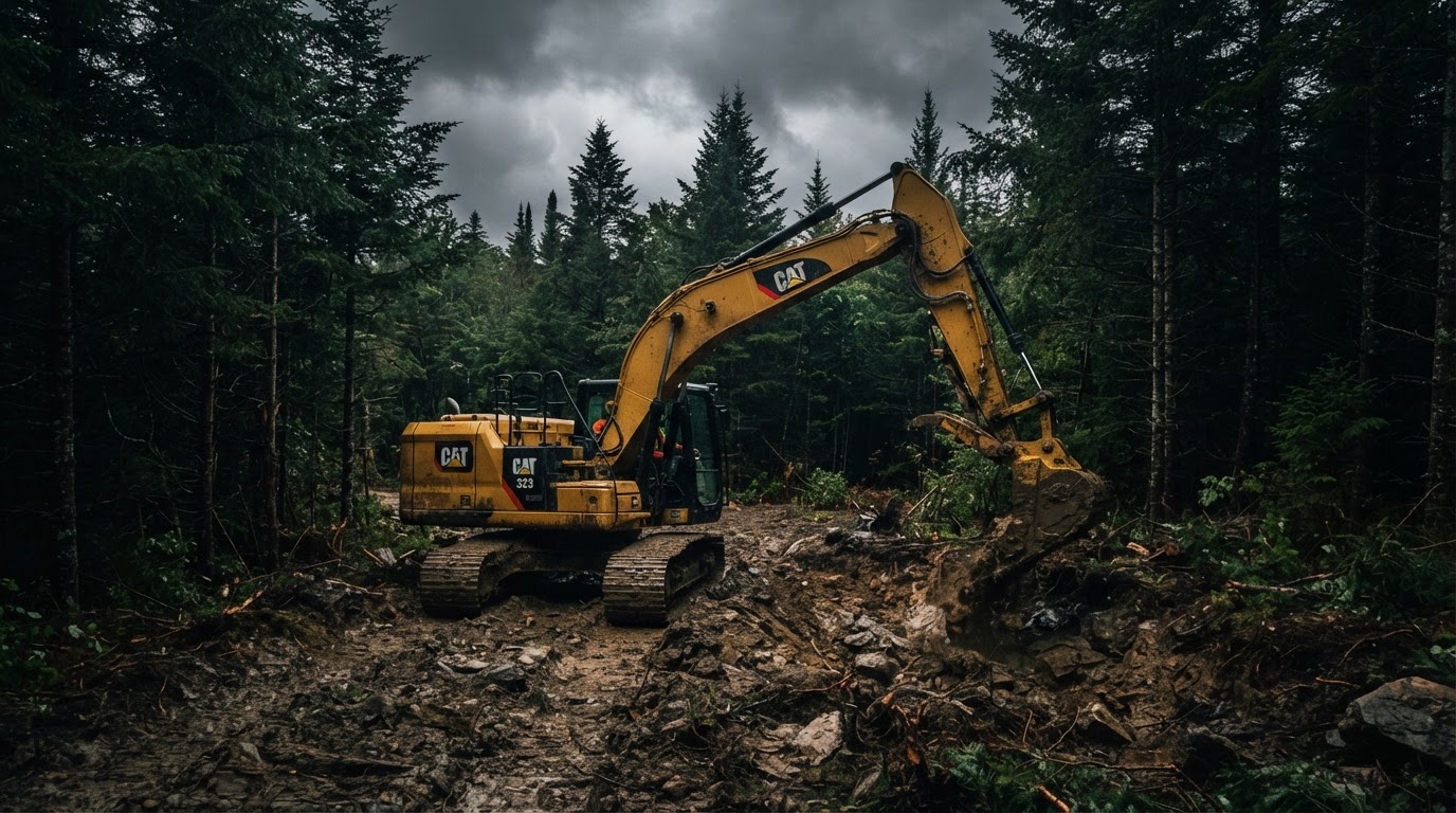 Excavator working in a spruce forest near Island Pond, Vermont