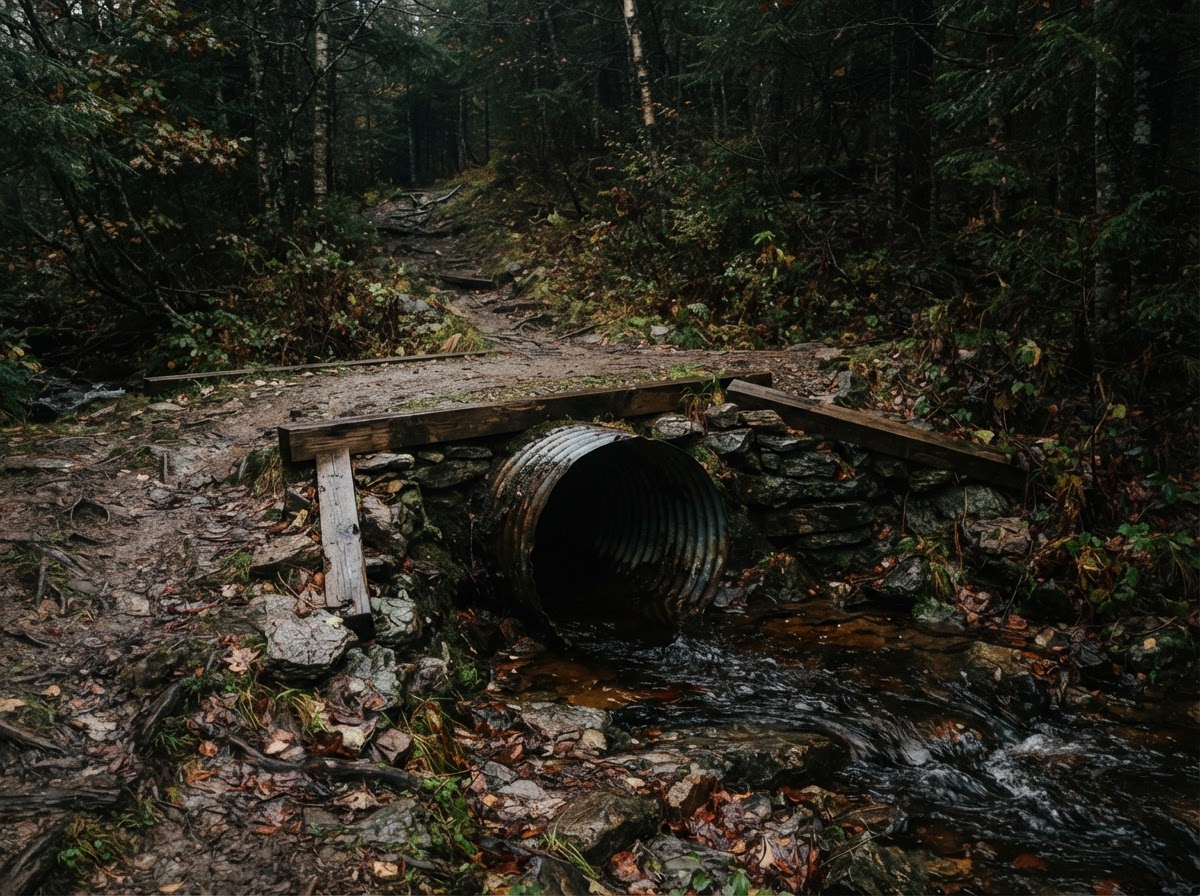 Metal culvert pipe installed under a Vermont trail crossing
