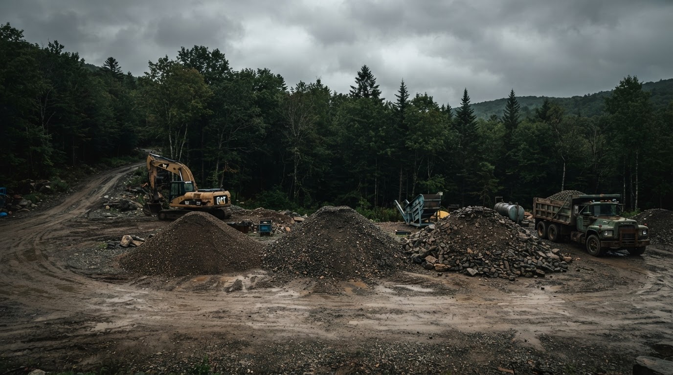 Piles of crushed stone and gravel at a Vermont excavation site