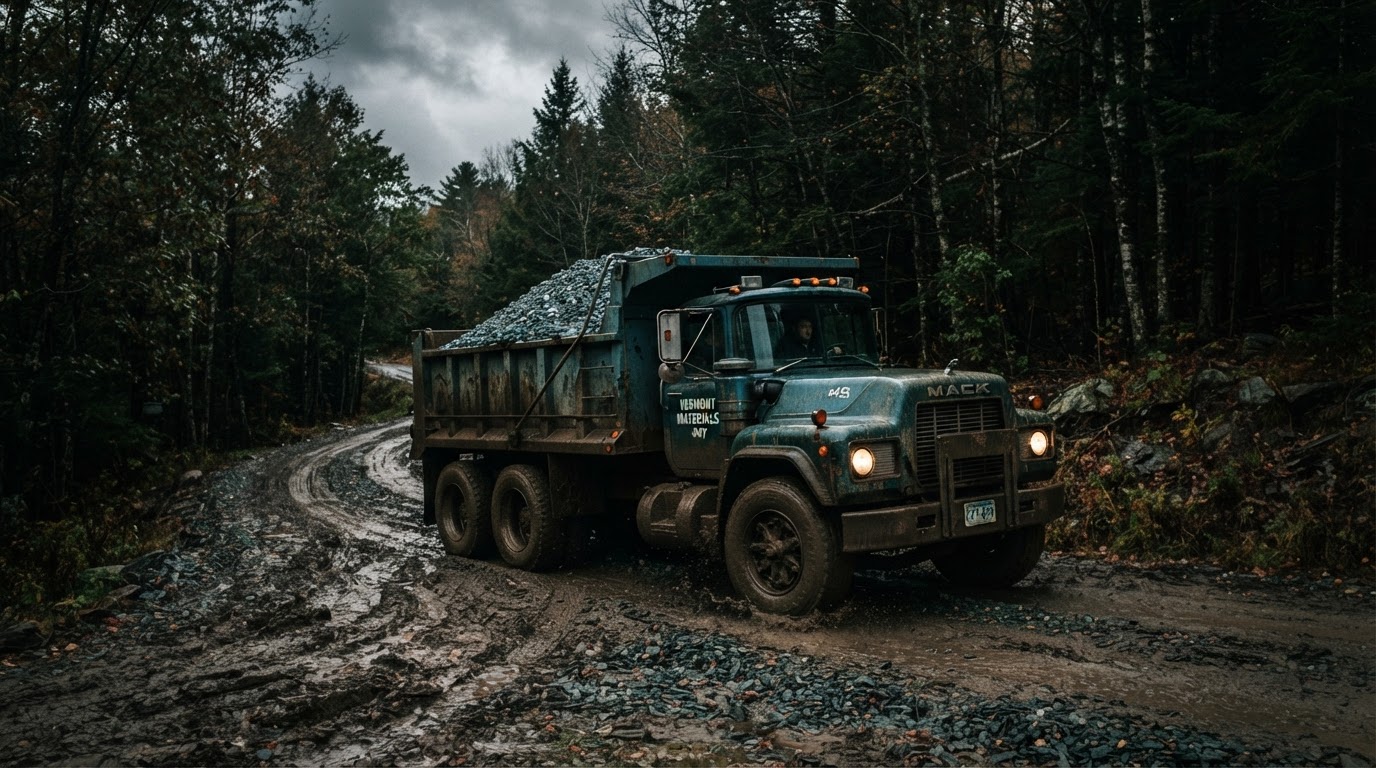 Dump truck loaded with crushed stone on a muddy Vermont driveway