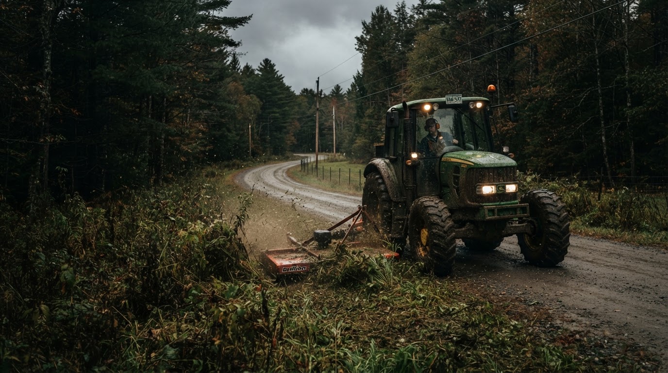 Bush hog mower clearing overgrown brush along a Vermont roadside