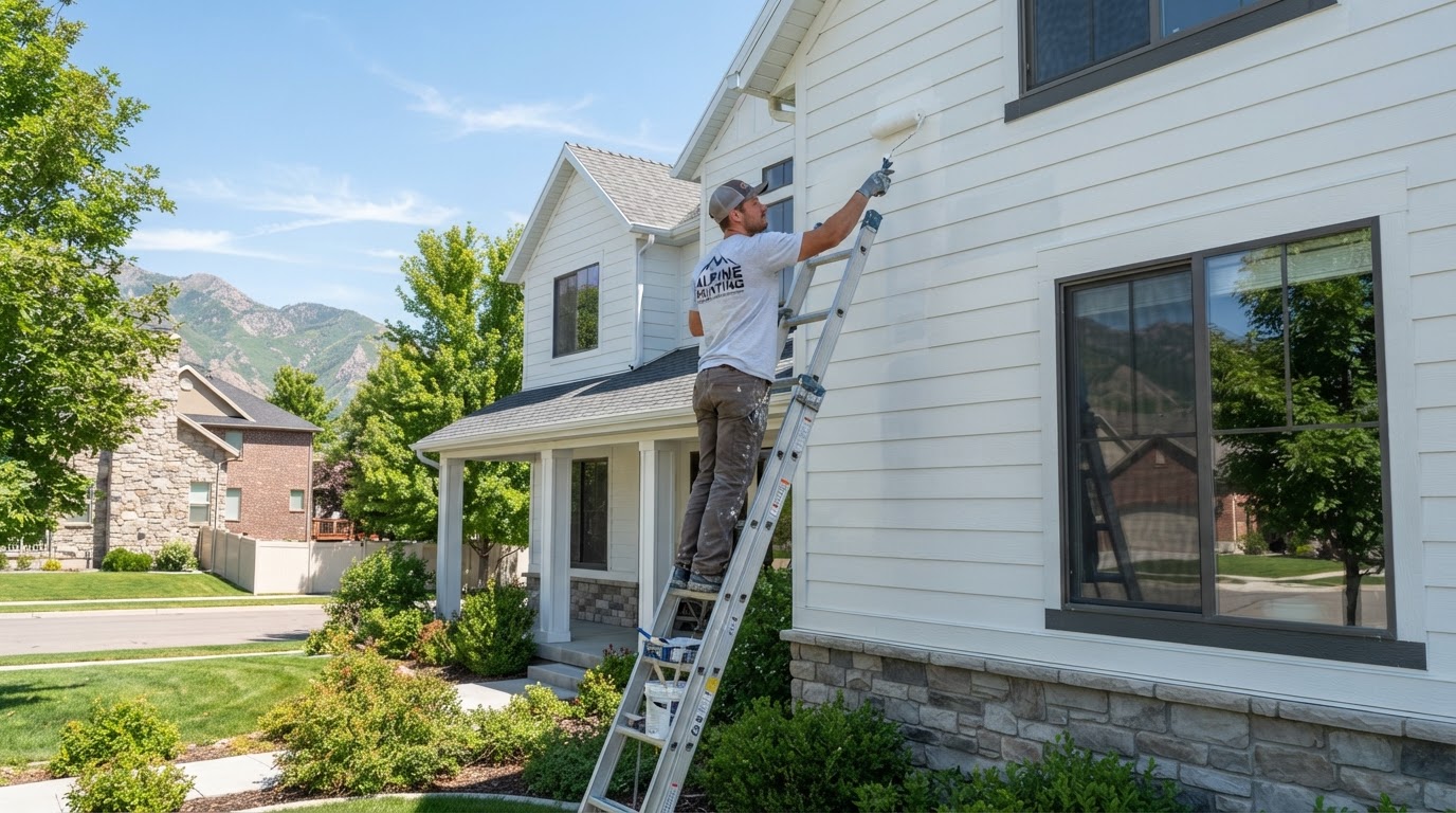 Painter coating white exterior siding on a two-story home for a painting company in Herriman, UT