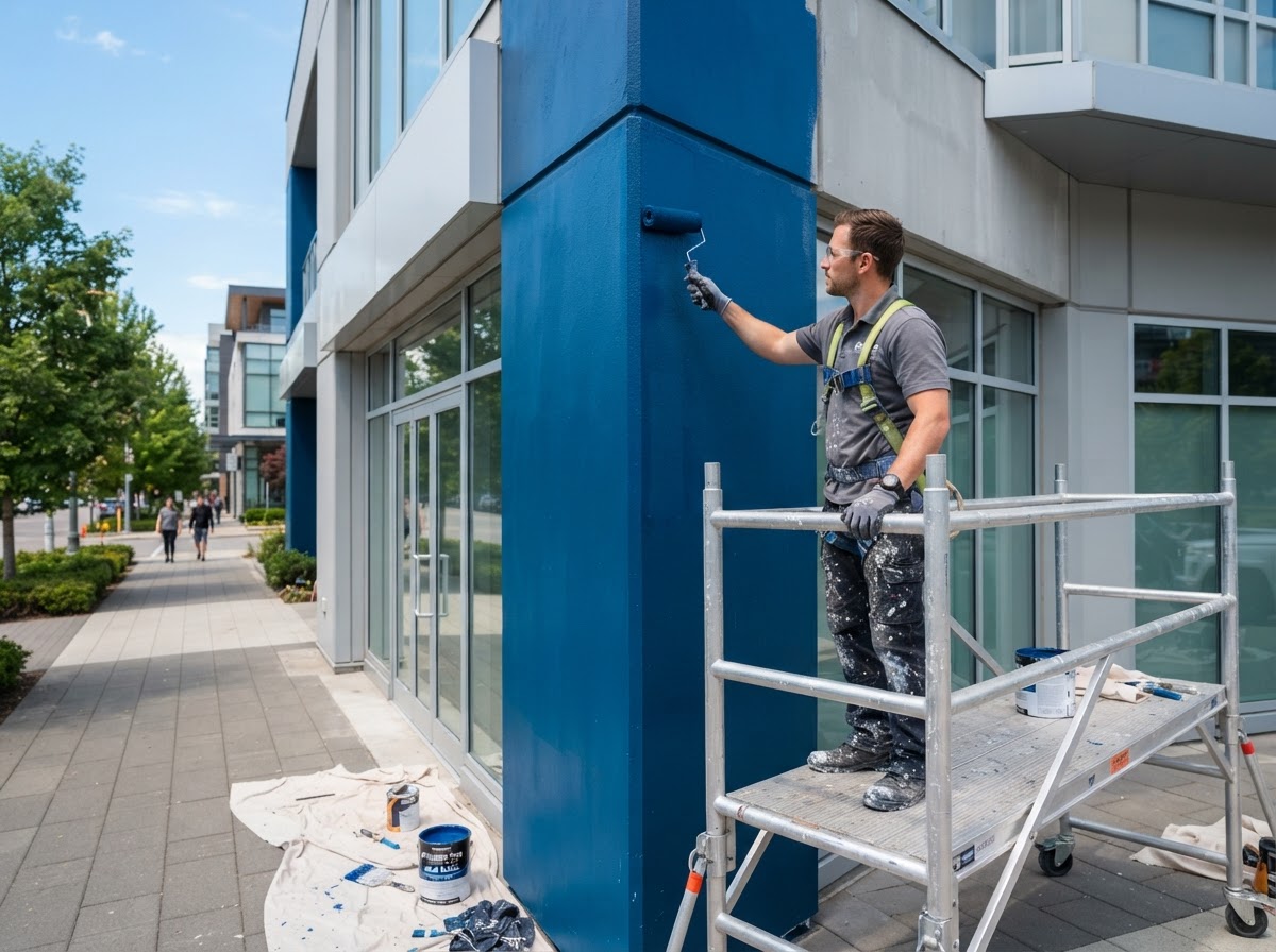 Painter applying bold blue paint to the corner of a commercial building for a painting company in Herriman, UT
