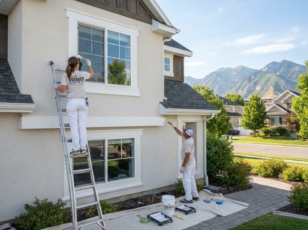 Painter applying fresh white paint to a home exterior near windows and siding for a painting company in Herriman, UT