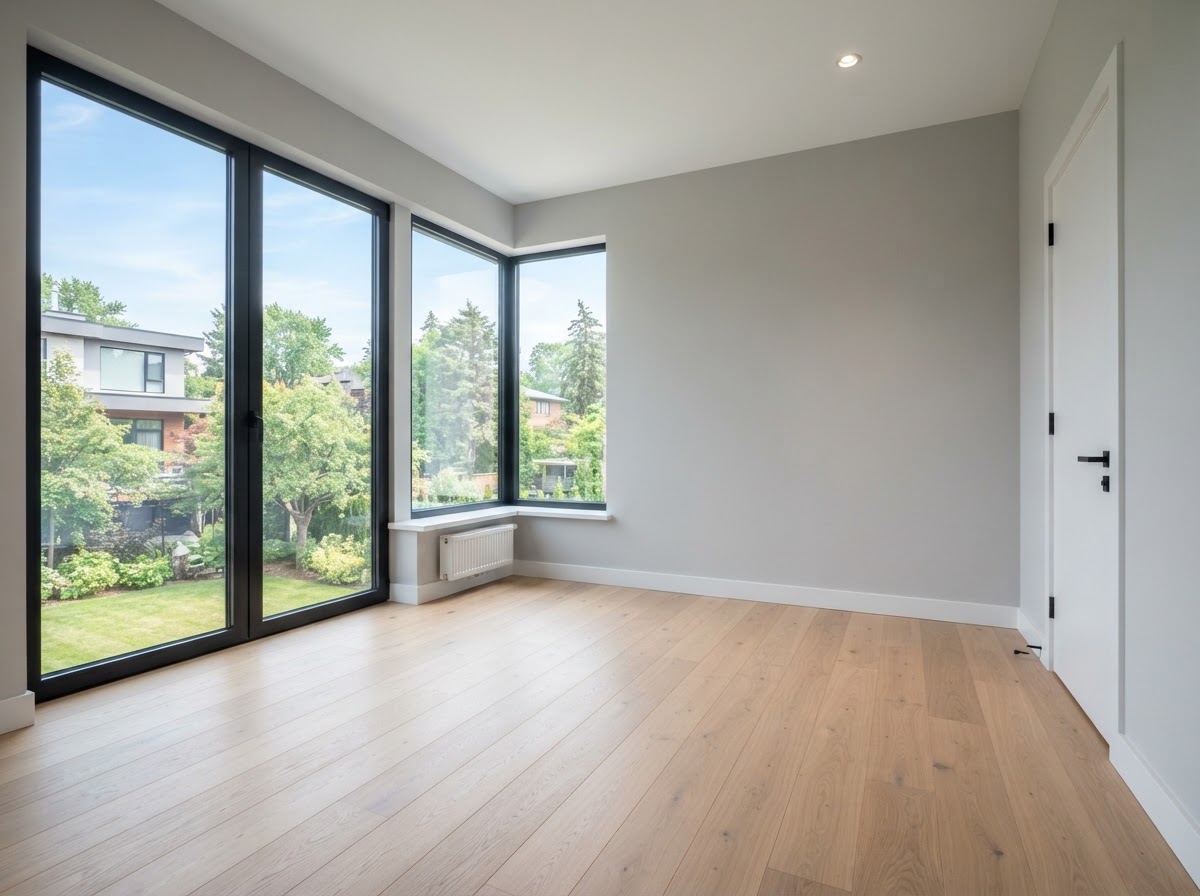 Empty room with freshly painted gray walls, natural window light, and clean wood floors by a painting company in Herriman, UT