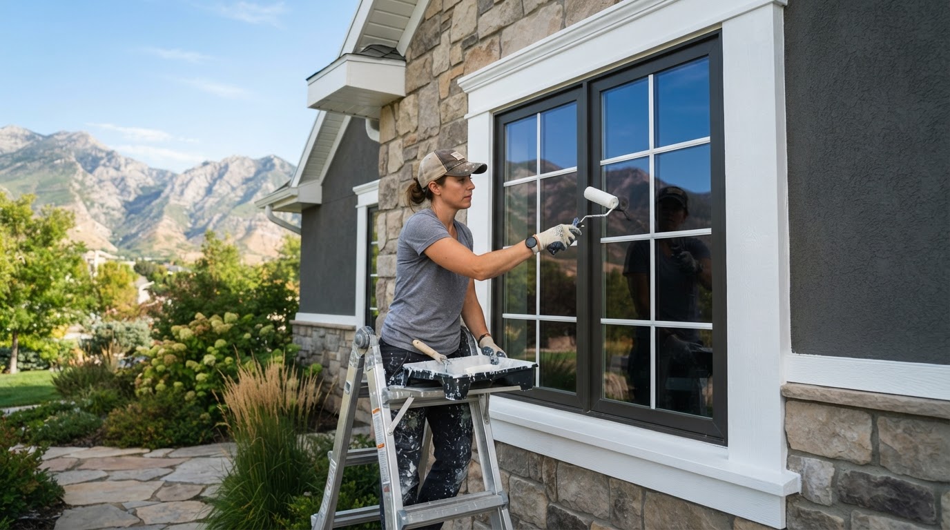 Paint roller applying fresh white paint around exterior house windows for a painting company in Herriman, UT