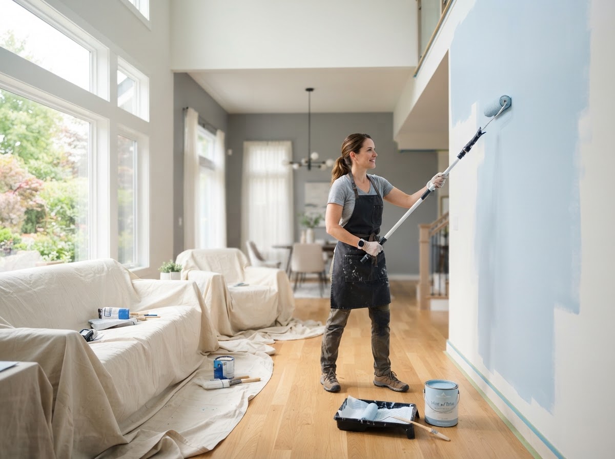 Interior painter applying light green paint to a living room wall with covered furniture for a painting company in Herriman, UT