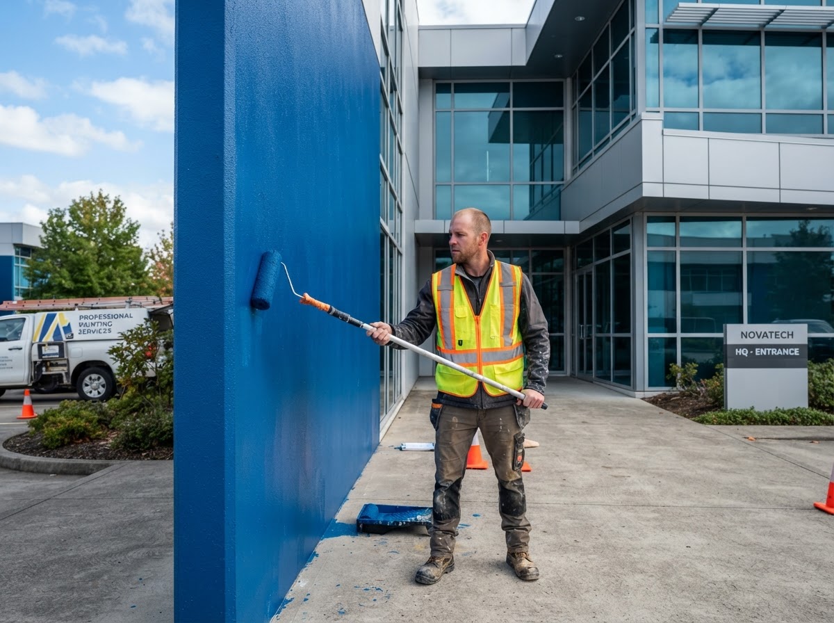 Worker in safety vest painting a commercial exterior wall with a roller for a painting company in Herriman, UT