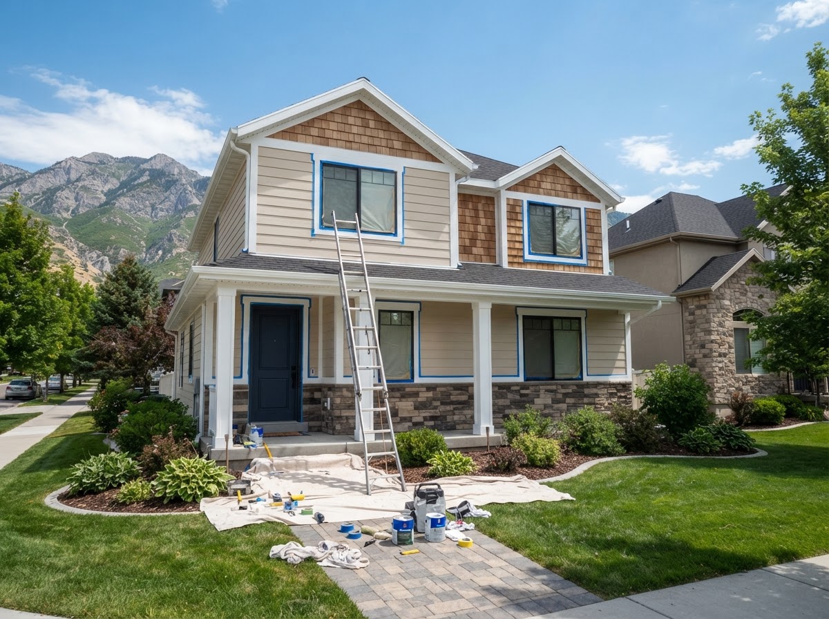 Home exterior prepared for painting with ladder, fresh siding, and clean trim work by a painting company in Herriman, UT