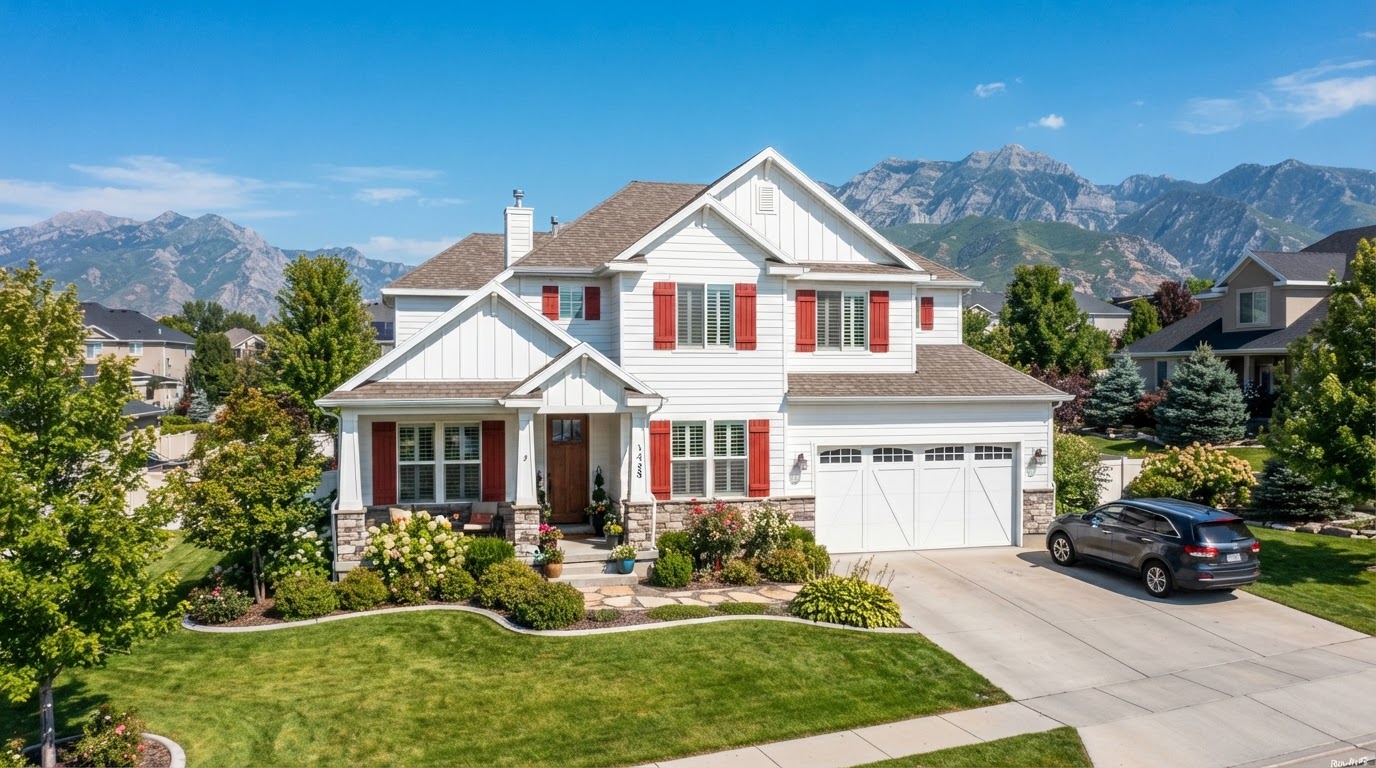 Finished white home exterior with red shutters and clean trim after work by a painting company in Herriman, UT