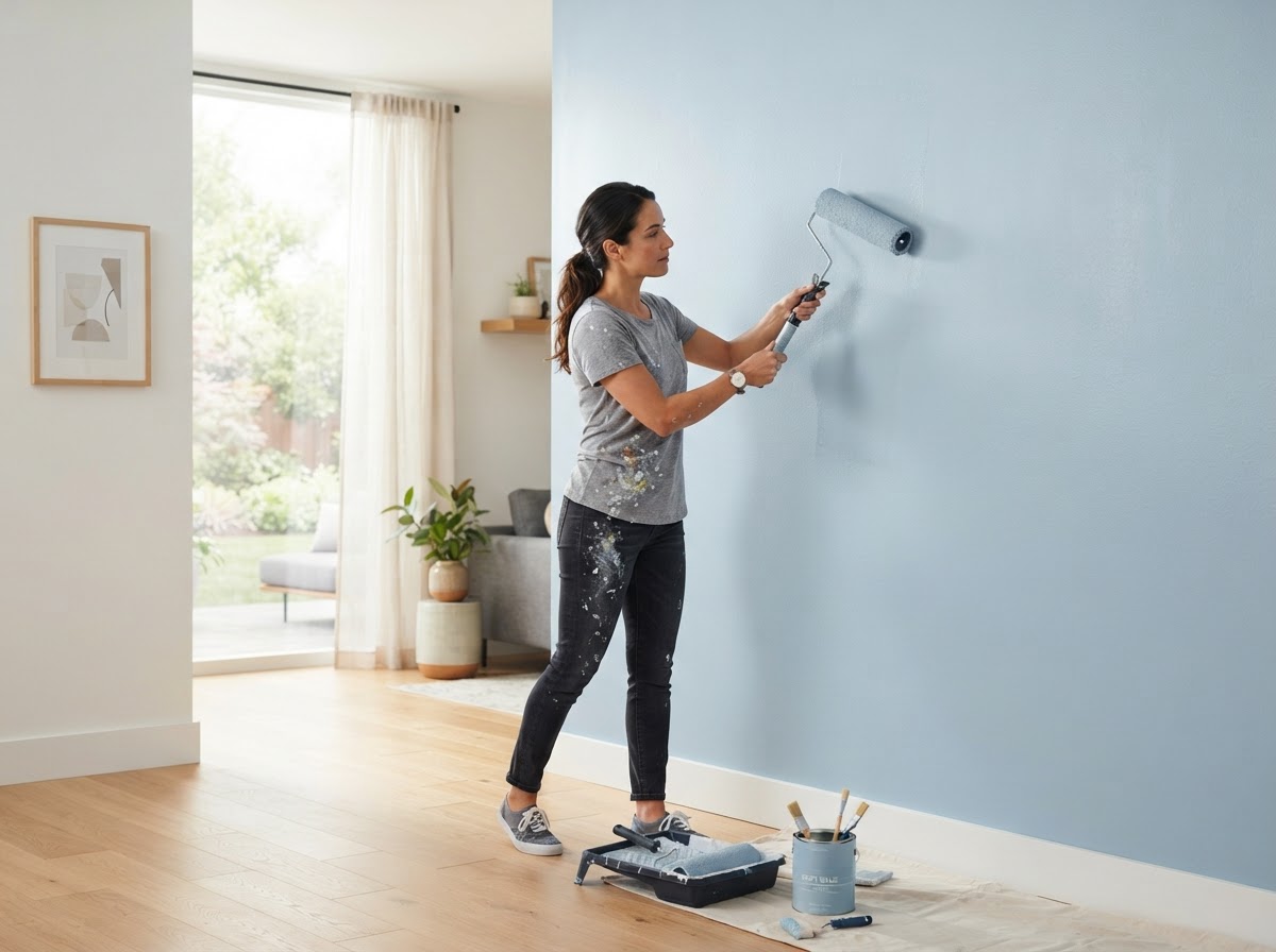 Painter rolling soft blue paint onto an interior wall in a bright room for a painting company in Herriman, UT
