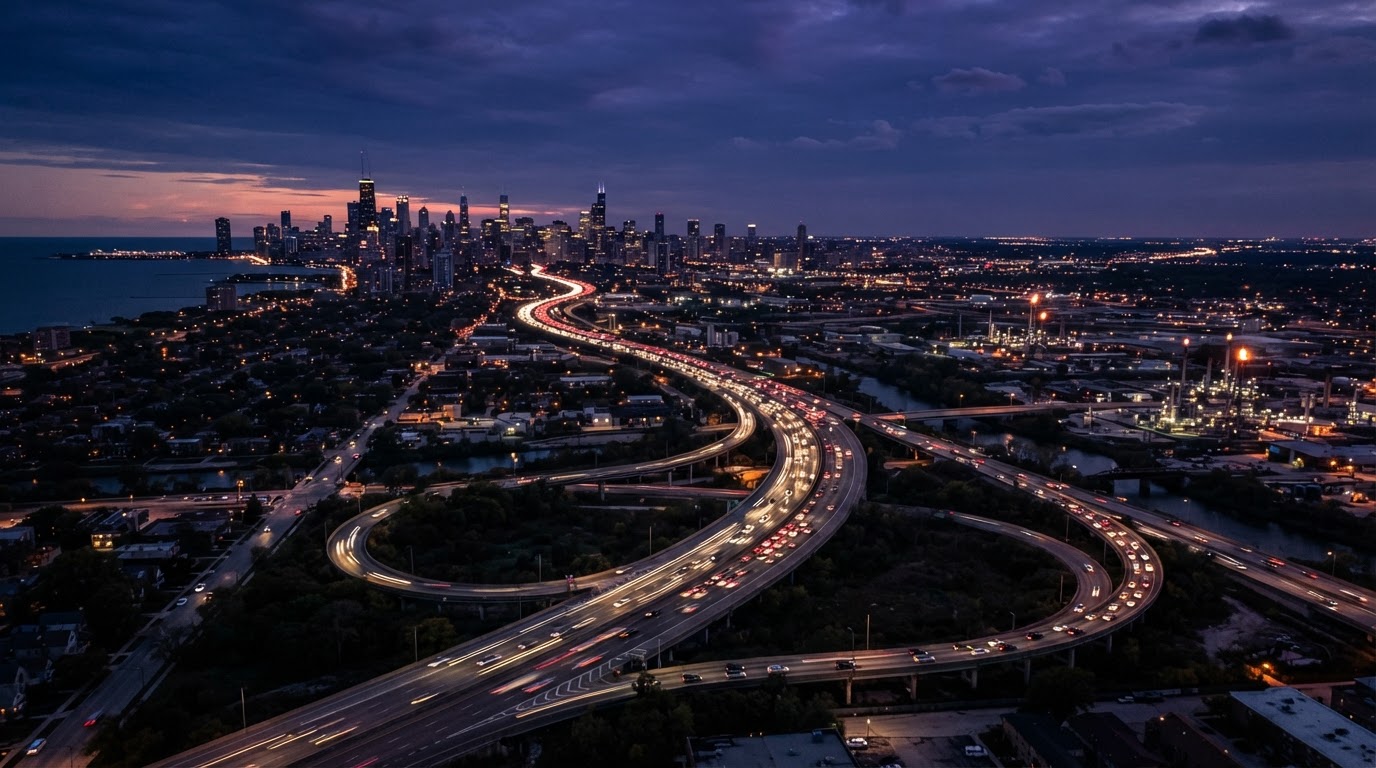 Night highway through the Indiana and Chicago region