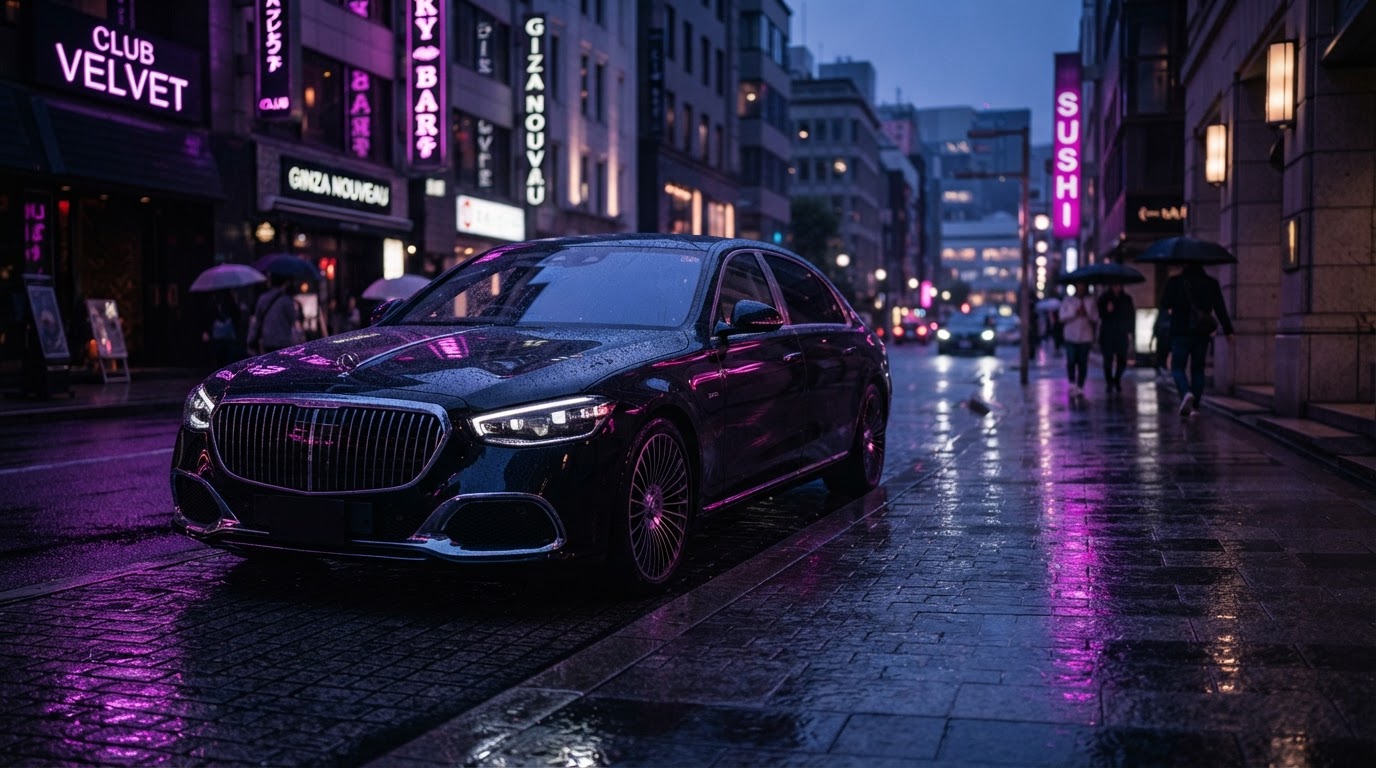 Luxury car on a wet city street at dusk with purple neon reflections