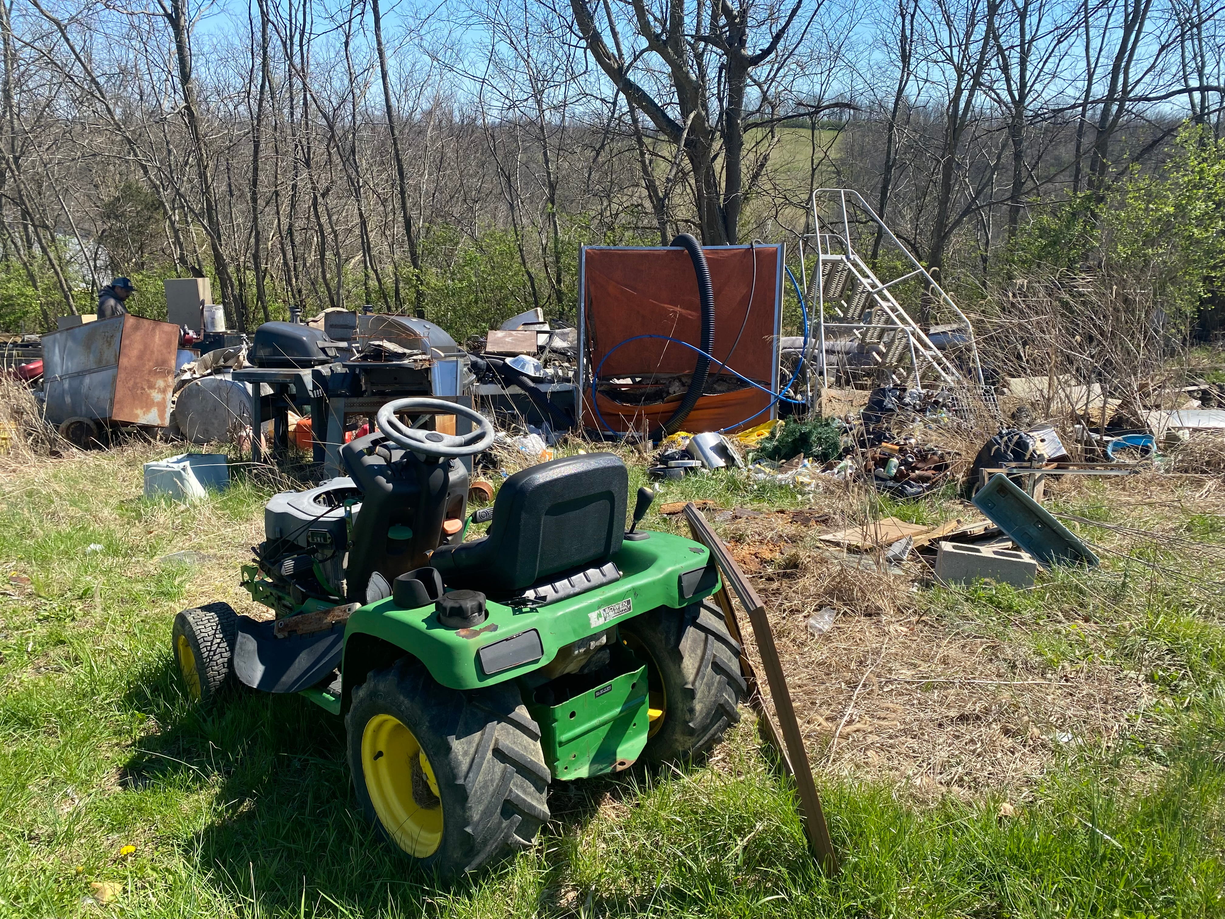 Before clearing: thick impassable brush, wild saplings, and overgrown fence line