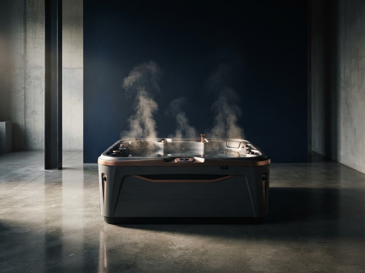Steam rising from a luxury hot tub in a minimalist showroom