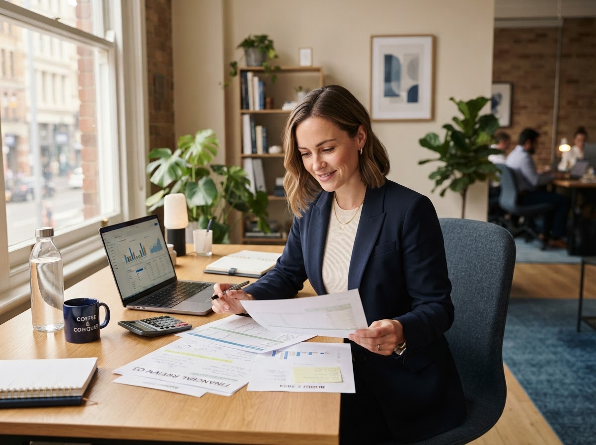A business owner reviewing financial documents at a modern office desk