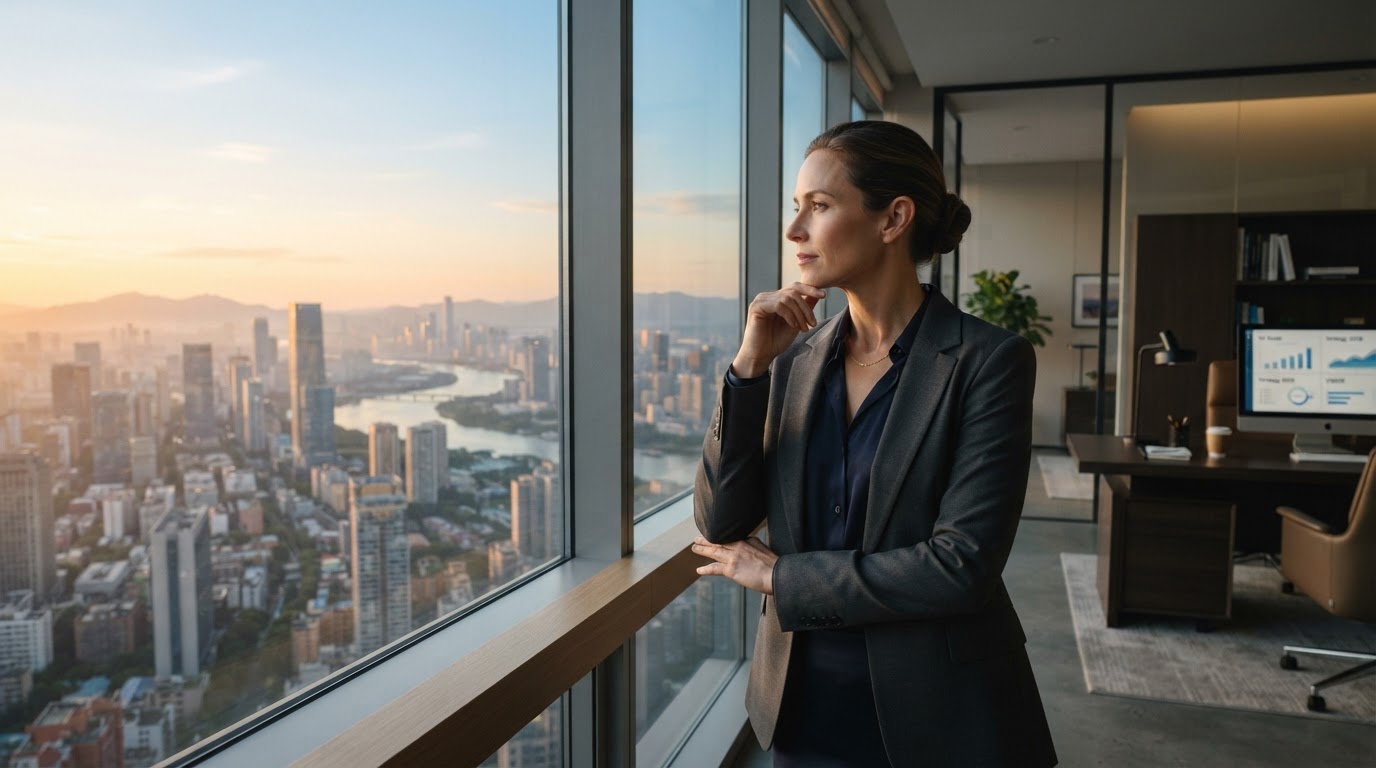 A business owner contemplating long-term planning by an office window