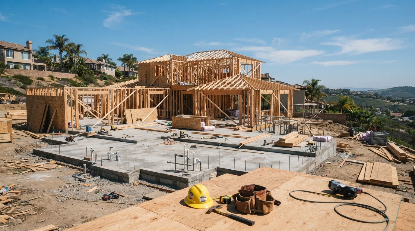 Construction site with framing in progress, illustrating how loan draws are released as work is completed
