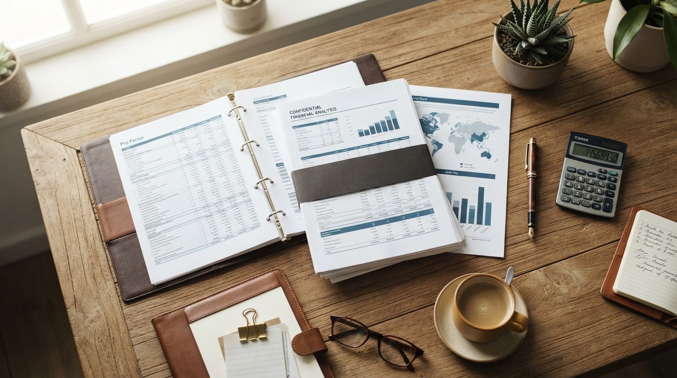 Financial documents, fountain pen, and brass desk calculator representing accredited and sophisticated investor qualifications