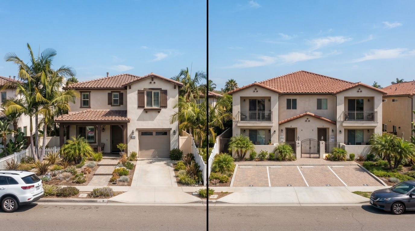 Single-family home next to a multifamily apartment building, illustrating how unit count changes vacancy risk