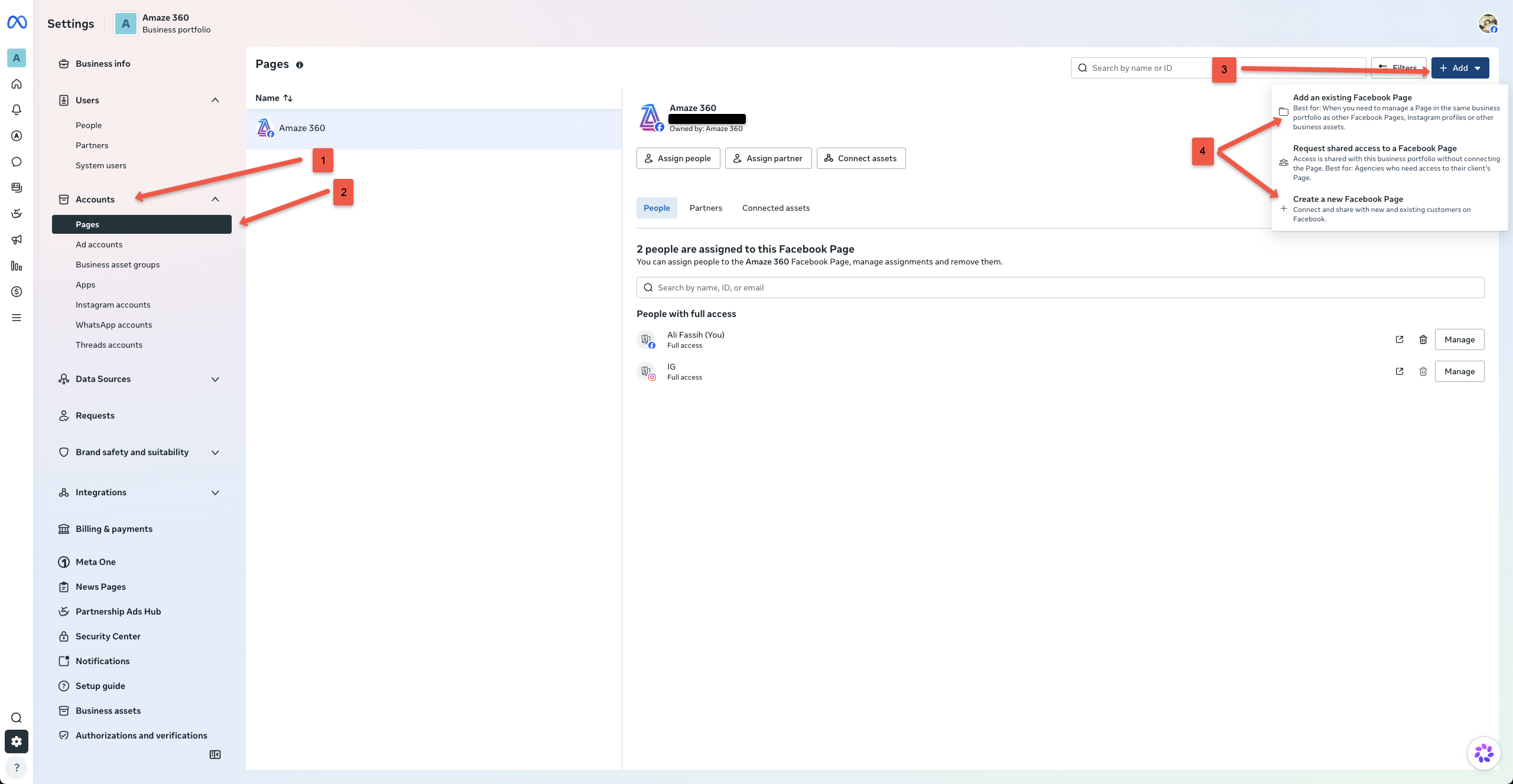 Meta Business Settings - Accounts > Pages, showing + Add button and option to Add an existing Facebook Page