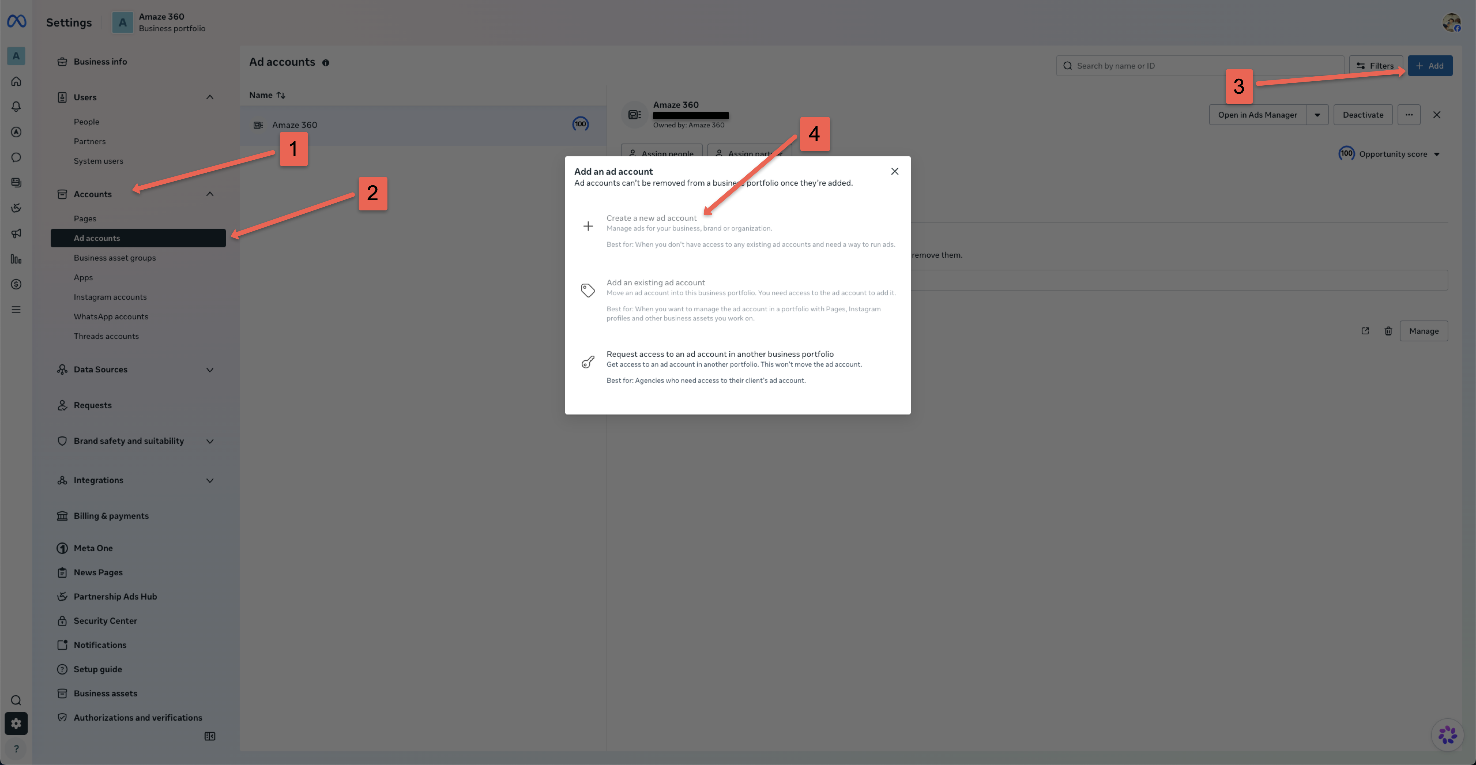 Meta Business Settings - Accounts > Ad accounts, clicking + Add and selecting 'Create a new ad account'